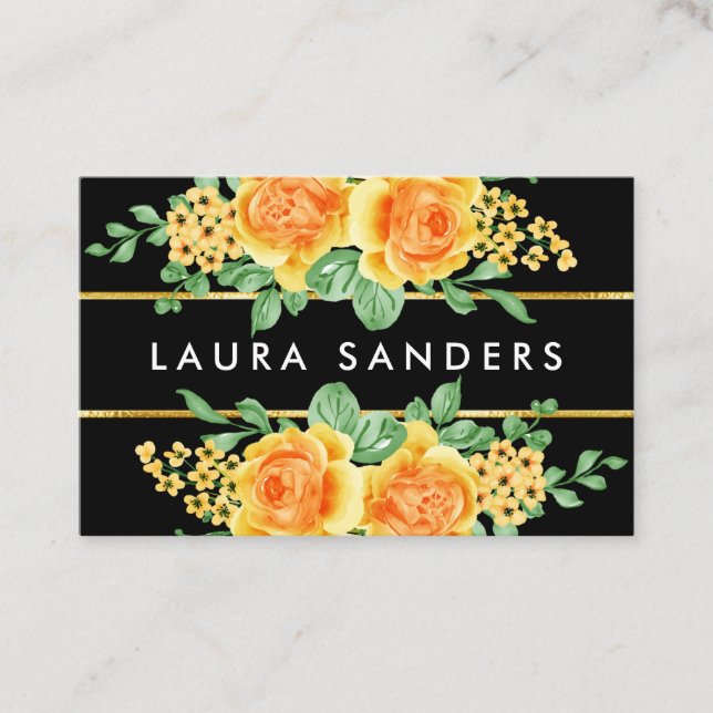 Tarjeta De Visita Elegante Rosa Naranja amarillo pelo de flores y ma (Anverso)