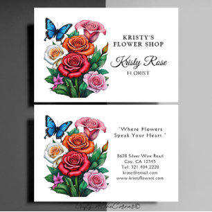 Tarjeta De Visita Elegante Rosa Naranja Rojo Flower Butterfly Floris
