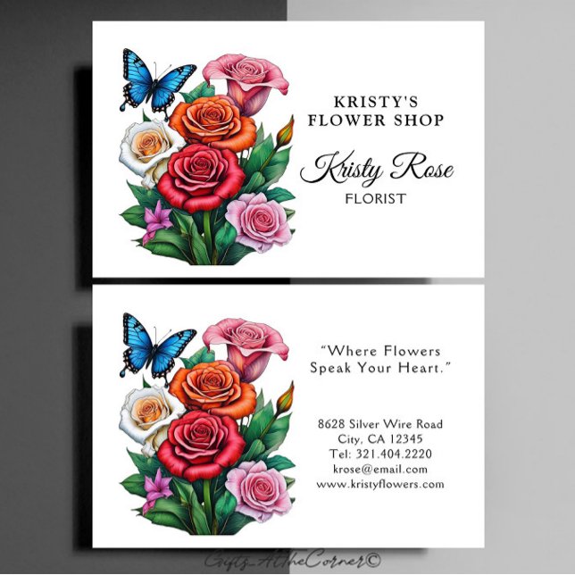 Tarjeta De Visita Elegante Rosa Naranja Rojo Flower Butterfly Floris (Subido por el creador)
