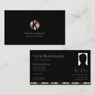 Tarjeta De Visita Elegante Rosa negro dorado con monograma y foto