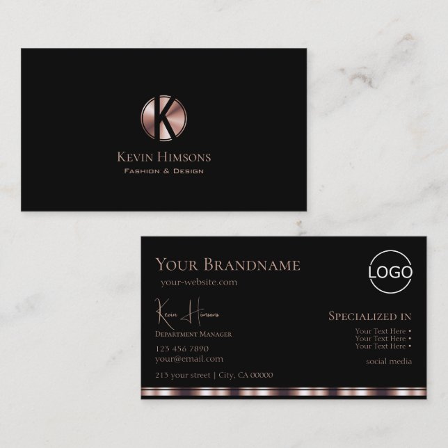 Tarjeta De Visita Elegante Rosa negro dorado con monograma y logotip (Anverso / Reverso)
