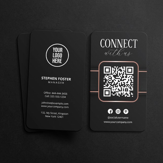 Tarjeta De Visita Elegante Rosa negro Gold Connect con el código QR  (Subido por el creador)