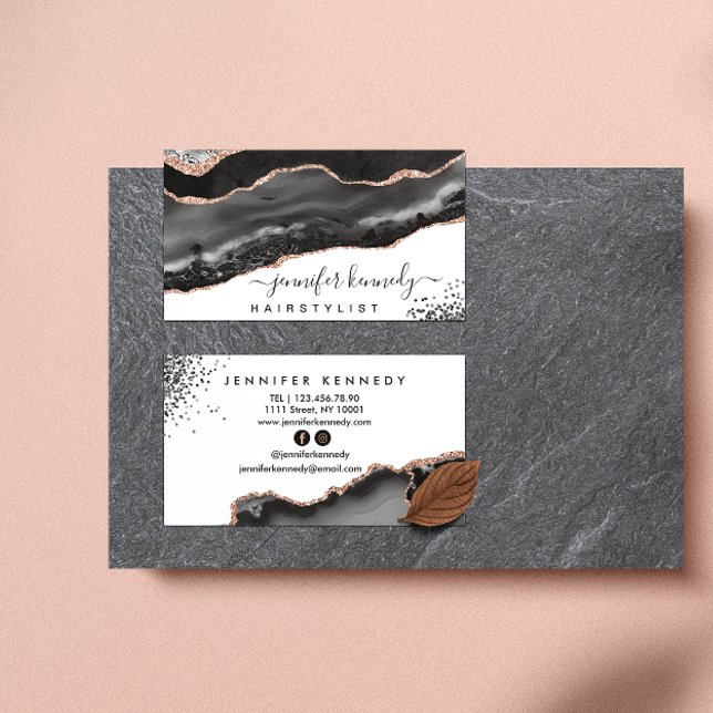 Tarjeta De Visita Elegante Rosa negro Purpurina de oro Agate Marble (Subido por el creador)