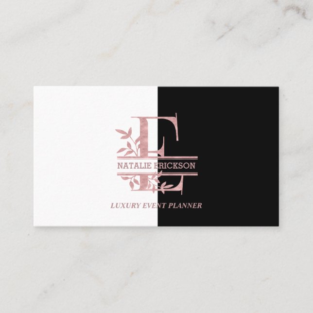 Tarjeta De Visita Elegante Rosa oro dividido Personalizado Monograma (Anverso)