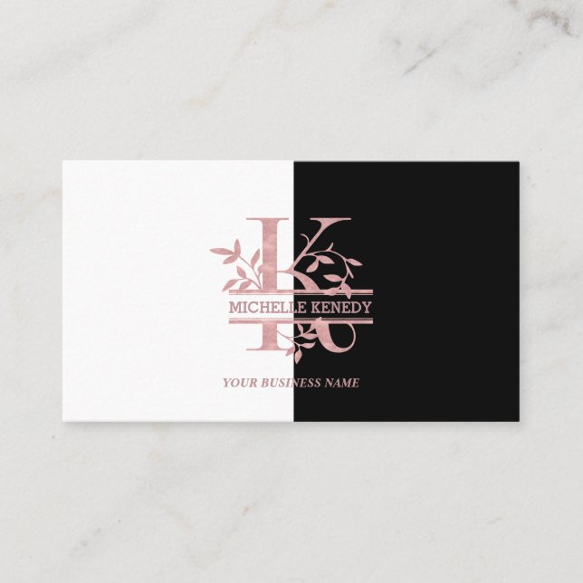 Tarjeta De Visita Elegante Rosa oro dividido Personalizado Monograma (Anverso)