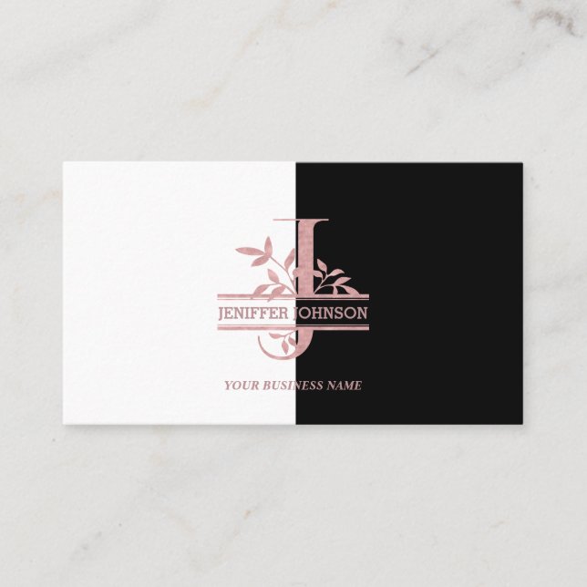 Tarjeta De Visita Elegante Rosa oro dividido Personalizado Monograma (Anverso)