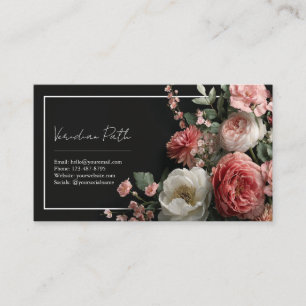 Tarjeta De Visita Elegante Rosa Polvoriento Negro Floral Peonía Rect