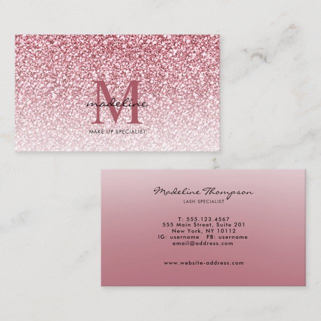 Tarjeta De Visita Elegante Rosa Purpurina de oro Girly Monograma (Anverso / Reverso)