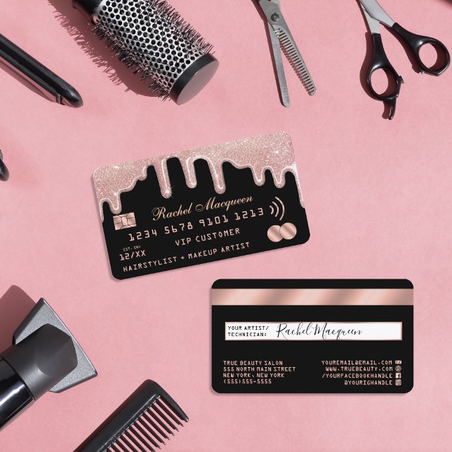 Tarjeta De Visita Elegante Rosa Purpurina de oro gotea crédito negro (Subido por el creador)