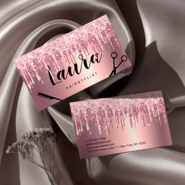 Tarjeta De Visita Elegante rosa purpurina de oro gotea peluquero (Subido por el creador)