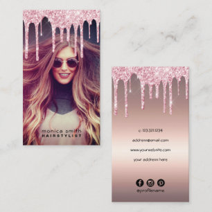 Tarjeta De Visita Elegante rosa purpurina de oro gotea peluquero fot