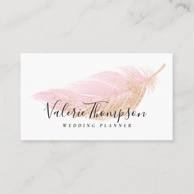 Tarjeta De Visita Elegante rosa purpurina de oro moda pluma rosa mod (Anverso)