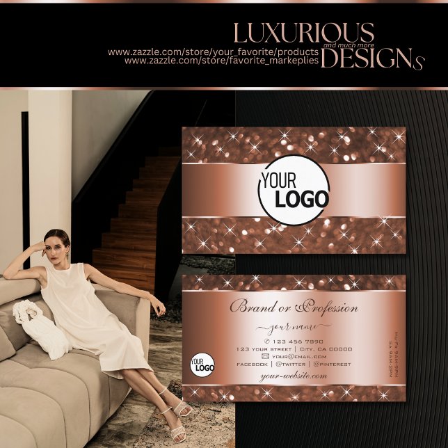 Tarjeta De Visita Elegante Rosa Purpurina dorado Estrellas y logotip (Subido por el creador)