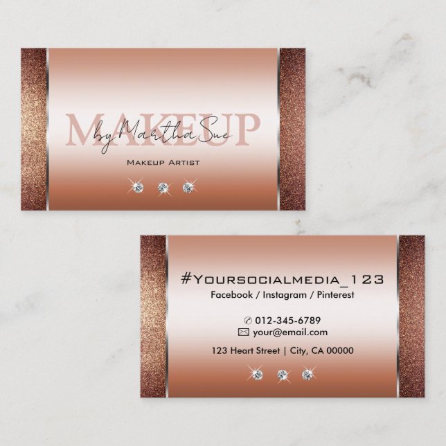 Tarjeta De Visita Elegante Rosa Purpurina Noble de Oro con diamantes (Anverso / Reverso)