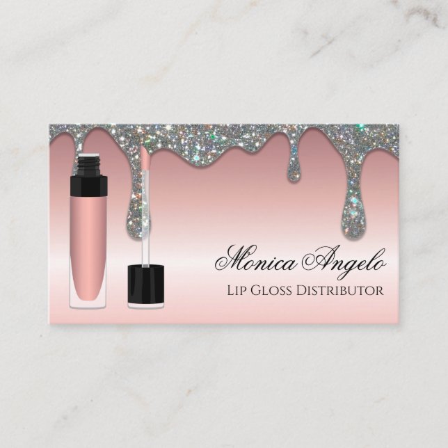 Tarjeta De Visita Elegante Rosa Purpurina Oro Gotas Lip Gloss Thalle (Anverso)