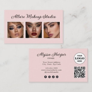 Tarjeta De Visita Elegante Rosa Rubor Negro Script 3 Foto Maquillaje