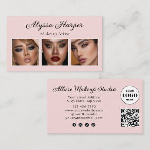 Tarjeta De Visita Elegante Rosa Rubor Negro Script 3 Foto Maquillaje