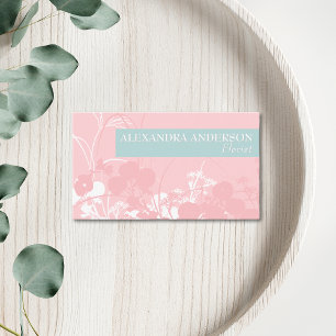 Tarjeta De Visita Elegante Rosa y Cian Grisáceo Claro Floral Mínimo