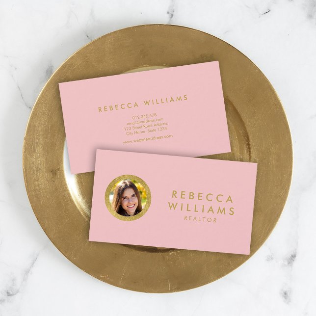 Tarjeta De Visita Elegante Rosa y foto de perfil de fincas de oro (Subido por el creador)