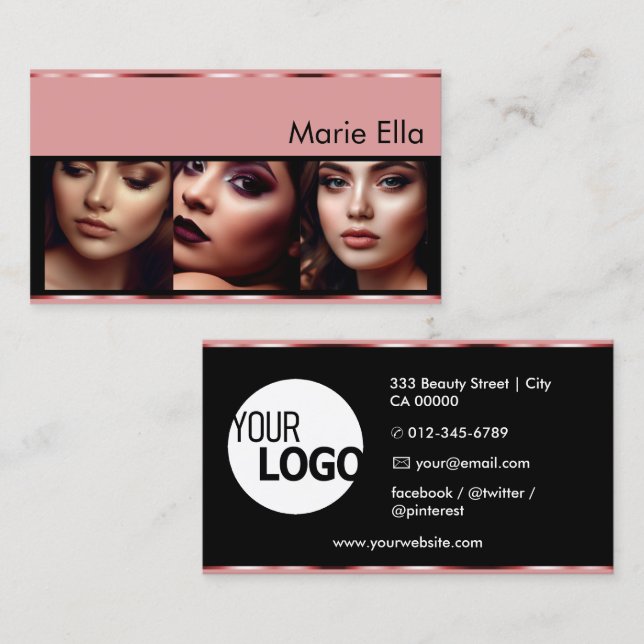 Tarjeta De Visita Elegante rosa y negro con fotos con logo (Anverso / Reverso)