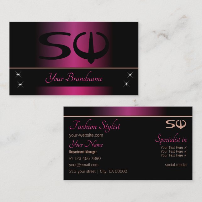Tarjeta De Visita Elegante rosa y negro con Iniciales Profesionales (Anverso / Reverso)