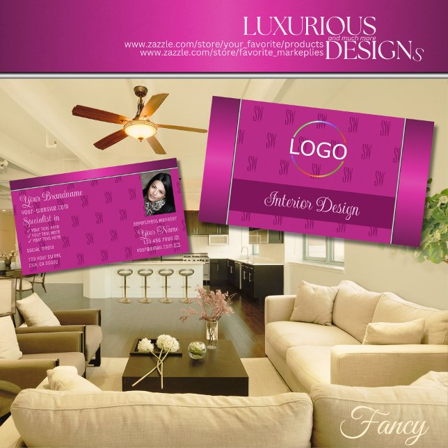 Tarjeta De Visita Elegante rosado con logo Monograma y foto (Subido por el creador)