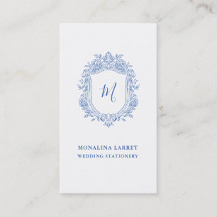 Tarjeta De Visita Elegante Rosas ornamentales Escudo Monograma Azul