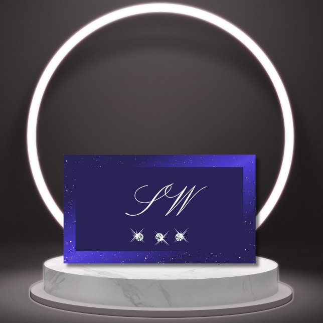 Tarjeta De Visita Elegante Royal Blue Sparkling Diamantes y Monogram (Subido por el creador)