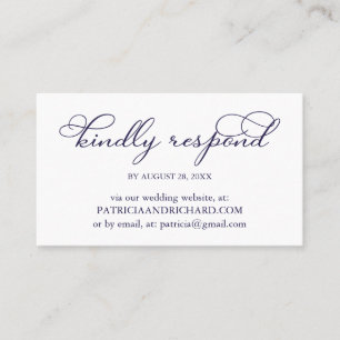 Tarjeta De Visita Elegante RSVP en línea de boda en azul marino letr