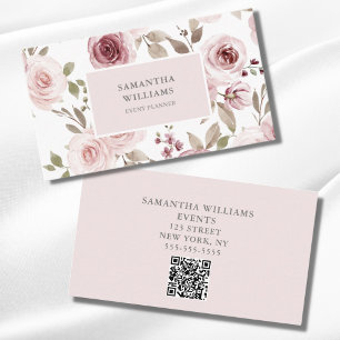 Tarjeta De Visita Elegante Rubor Pink Floral Event Planner QR Code