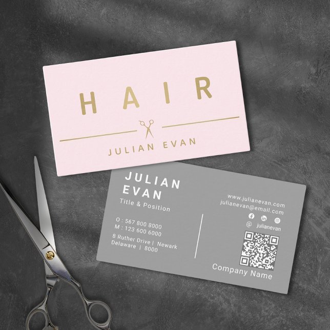 Tarjeta De Visita Elegante Rubor Pink & Gold Typography Stylist (Elegant Blush Pink & Gold Typography Hair Stylist Business Card)