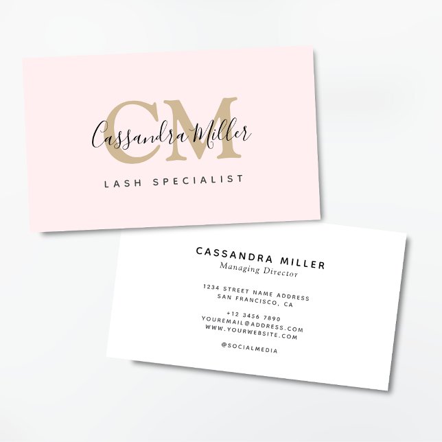 Tarjeta De Visita Elegante Rubor Pink Monogrammed Name Professional (Monogram logo Beauty Specialist business card)