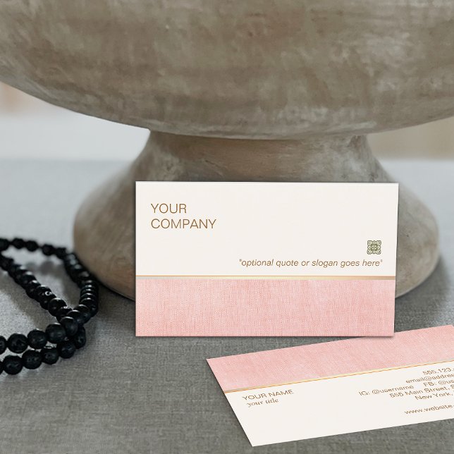 Tarjeta De Visita Elegante Rubor Rosa Faux Linen y Gold Stripe (Subido por el creador)