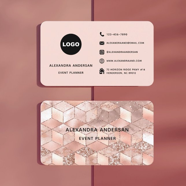 Tarjeta De Visita Elegante Rubor rosa rosa rosa dorado diamante geom (Elegant Blush Pink Rose Gold Diamond Geometric Business Card)