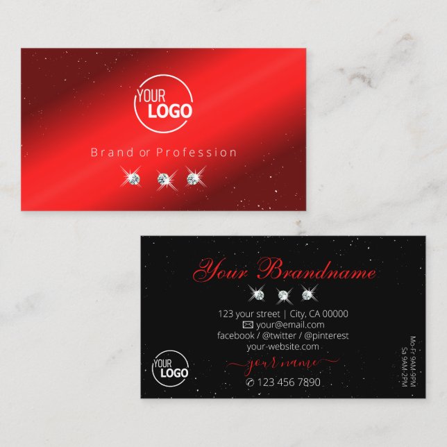 Tarjeta De Visita Elegante Ruby Red Black Sparkling Diamantes Añadir (Anverso / Reverso)