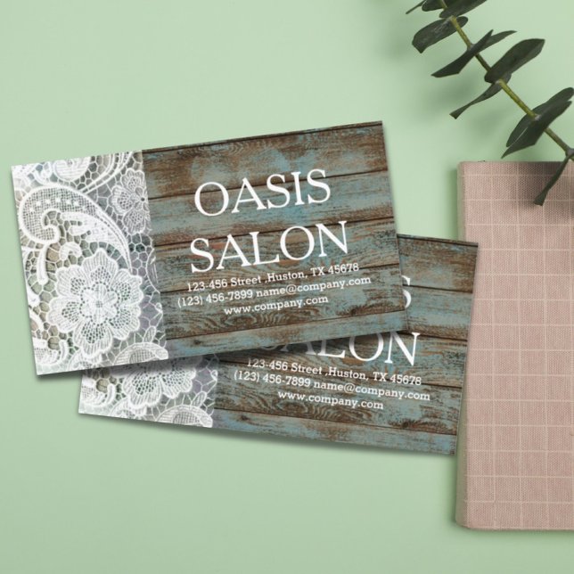 Tarjeta De Visita elegante rústico campo blanco encaje madera de gra (elegant rustic country white lace blue barn wood business card)