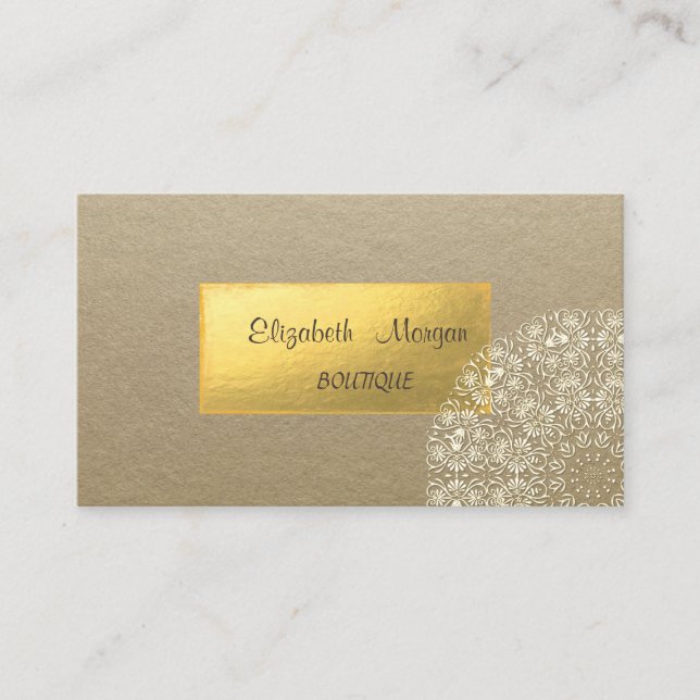 Tarjeta De Visita Elegante Rústico, Kraft, Encaje Dorado (Anverso)