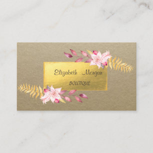 Tarjeta De Visita Elegante Rústico, Kraft, Oro, Flores