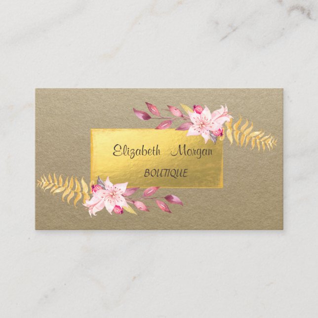 Tarjeta De Visita Elegante Rústico, Kraft, Oro, Flores (Anverso)