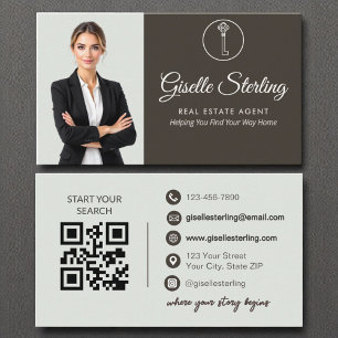 Tarjeta De Visita Elegante Sage Green Photo Real Estate Agent QR Cod