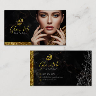 Tarjeta De Visita Elegante Salón de Arte de Uñas con Brillo de Oro y