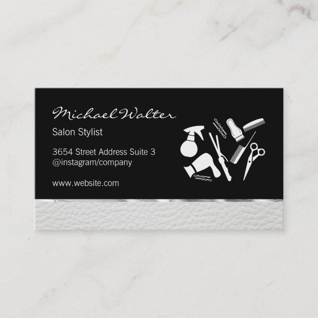 Tarjeta De Visita Elegante salón de cuero plateado con estilo (Anverso)