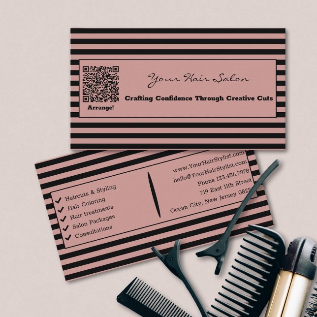 Tarjeta De Visita Elegante salón de pelo rosado y rayado negro tosca (Elegant Tuscany Pink and Black Striped Hair Salon Business Card)