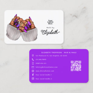 Tarjeta De Visita Elegante Salón de Uñas Afroamericano Púrpura