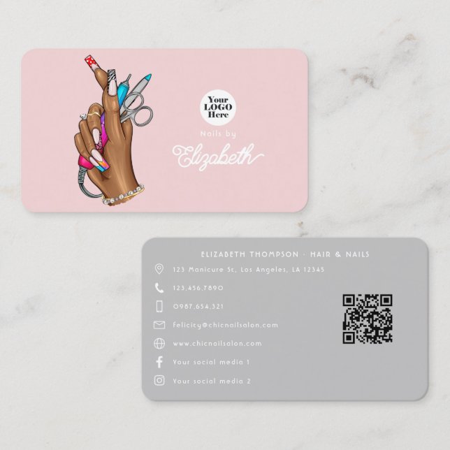 Tarjeta De Visita Elegante salón de uñas Rubor rosa y plateado (Anverso / Reverso)