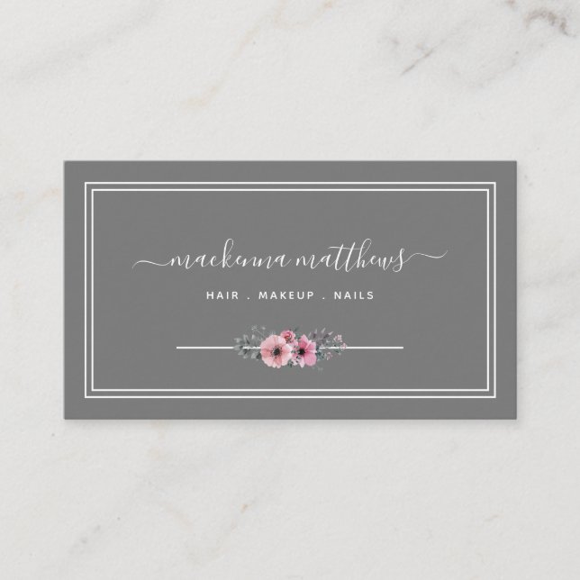 Tarjeta De Visita Elegante Salón Elegante De Estilo Moda Gris Floral (Anverso)