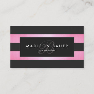 Tarjeta De Visita Elegante salón monograma rayado negro y rosado