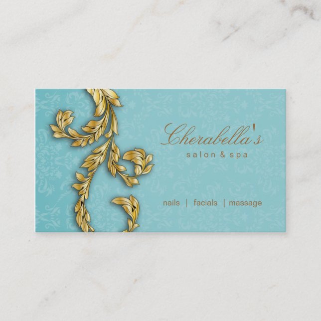 Tarjeta De Visita Elegante Salon Spa Floral Gold Leaf Blue (Anverso)