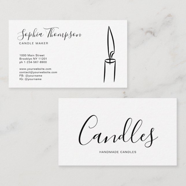 Tarjeta De Visita Elegante Script Black White Handmade Candle Maker (Anverso / Reverso)