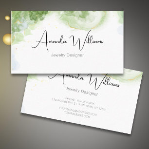 Tarjeta De Visita Elegante Script Green Watercolor Gold